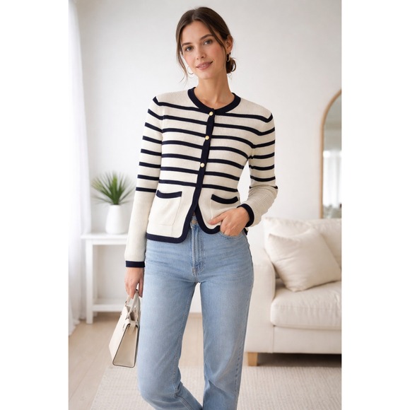 rag & bone Sweaters - Rag & Bone Striped Cardigan Women Small Ivory Navy Blue Merino Wool Gold Button